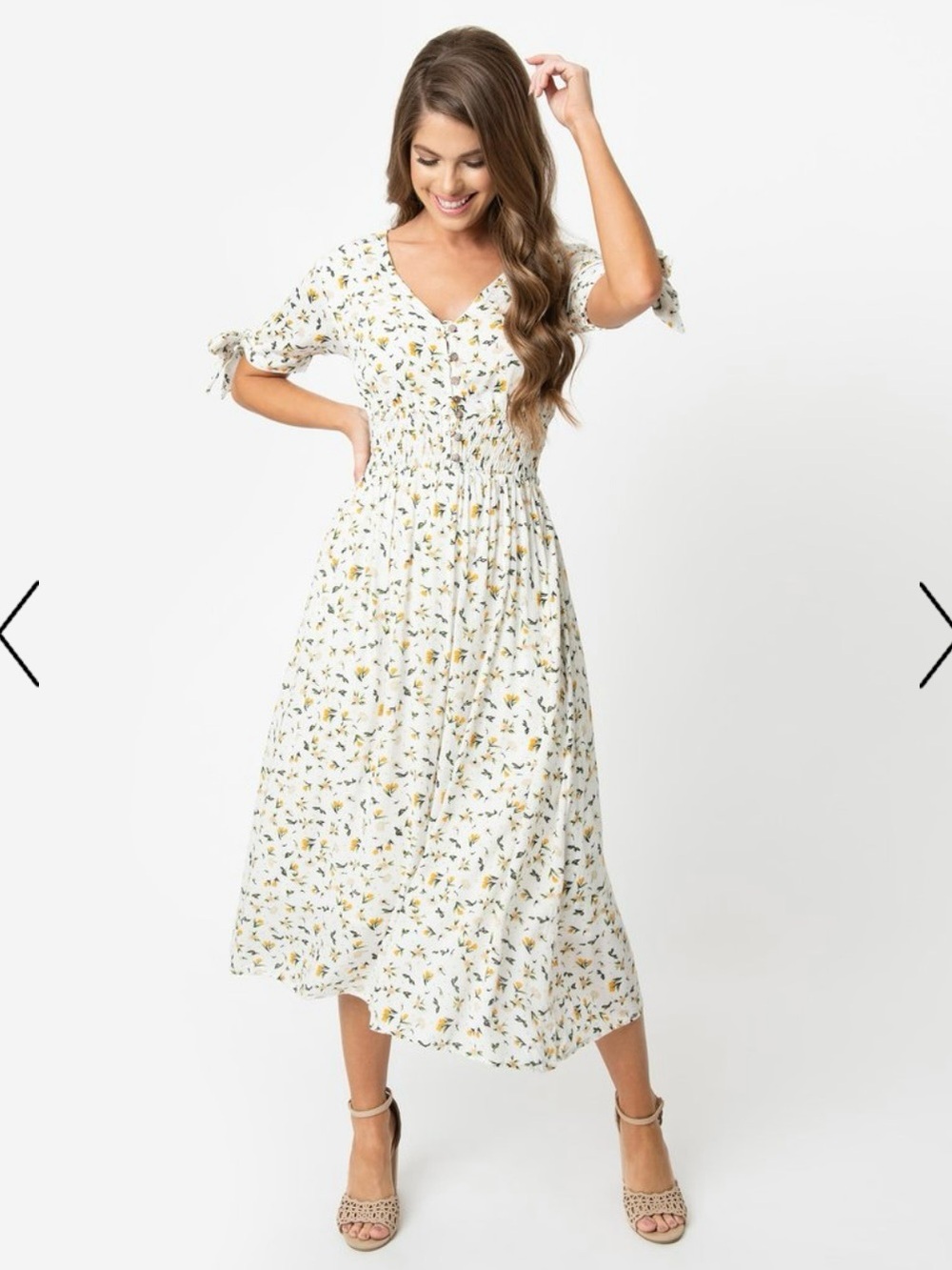 NWT Unique Vintage 1970s Ivory Delicate Floral Midi Dress